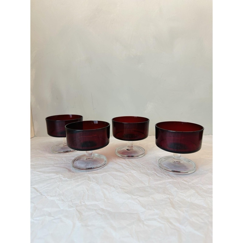 Vintage Luminarc Cavalier Ruby Red Champagne Coupe Sherbet Glasses 1970s Set/4
